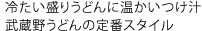 冷たい盛りうどんに温かいつけ汁
武蔵野うどんの定番スタイル